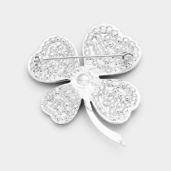 Green Silver Rhinestone Crystal Four Leaf Clover Brooch Pin Shamrock St Patricks - Picture 2 of 2